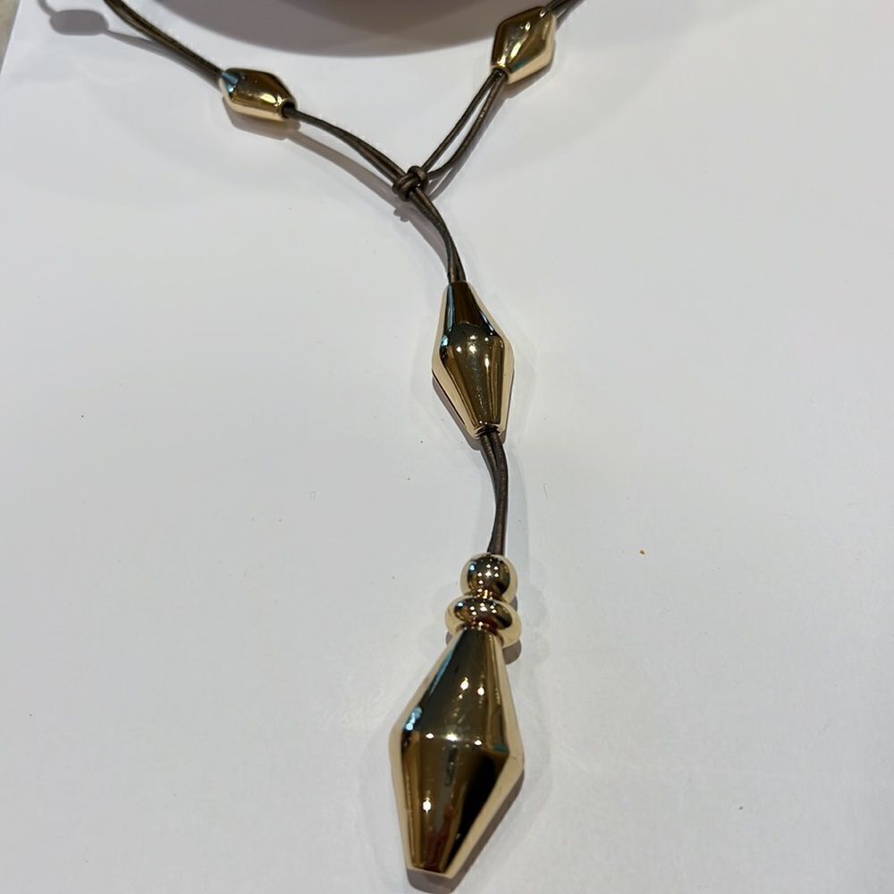 CHICO’S Women’s Long Y-Style With Cord & Chunky Gold Diamond Shapes Brown - Picture 4 of 7